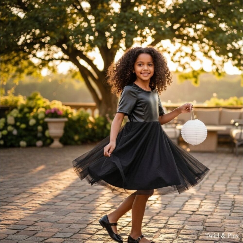 Fabkids ✦ Black Vegan Leather & Tulle Party Dress ✦ Pink Zip Fit & Flare Girls L